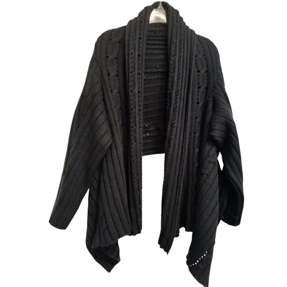 SHRUG Bolero Cable Knit Cardigan Size M BLACK Hi Lo Lagenlook Relaxed Bohemian - Picture 2 of 16